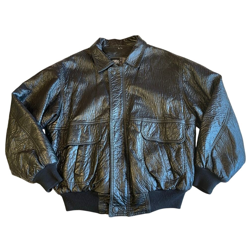 VTG GV Hand Made in Italy Black Textured Mens Bomber Retro Leather Jacket Lg